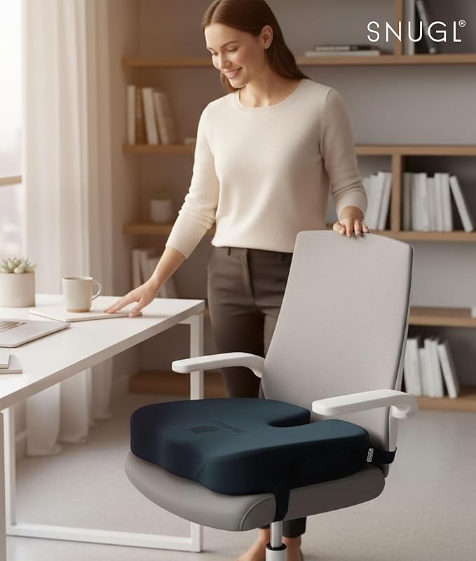 SNUGL Seat Cushion for Tailbone & Back Pain Relief – Orthopedic Memory Foam Coccyx Pillow for Office, Desk & Gaming Chairs – Sciatica & Lower Back Pain Relief, Long Sitting Comfort