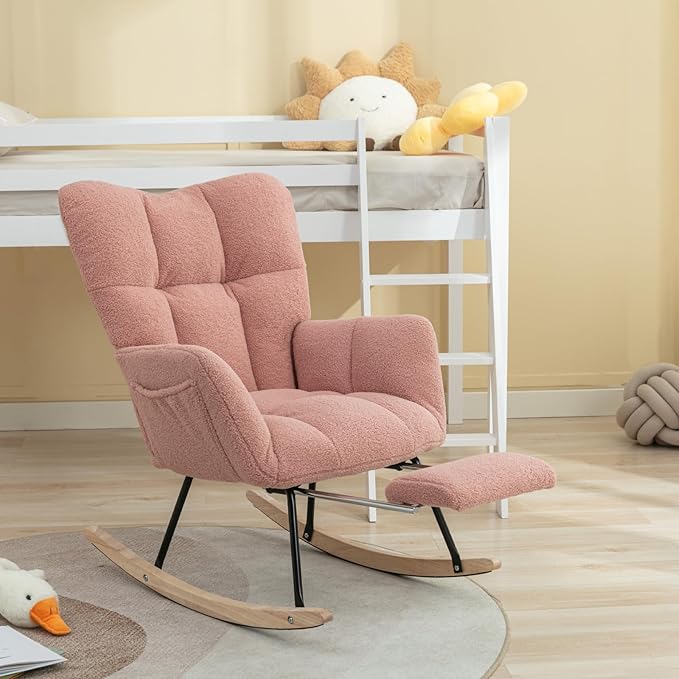 FOXHUNTER Rocking Chair Nursery with Foot Rest, Teddy Glider Rocking Chair for Nursery Upholstered Rocker Recliner Chair, Comfy Armchair with Adjustable Footrest for Living Room Bedroom, Pink Teddy