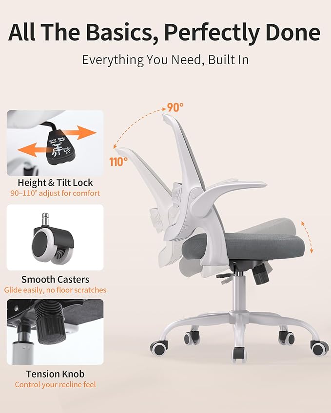 Ergonomic Mesh Office Chair with Flip-Up Arms, Adjustable Height, Breathable Mesh Back & Thick Cushion Seat, 360° Swivel Rolling Computer Desk Chair, BIFMA Certified, Supports 300 lbs (Gray)