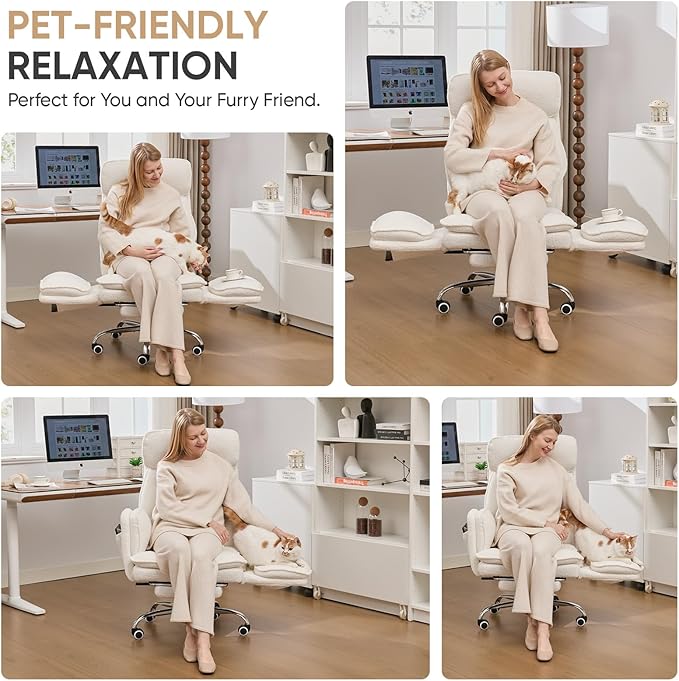 Big and Tall Office Chair with Flip Armrests, Cross Legged Office Chair with Storage Pockets, Comfortable Reclining Computer Chair with Foot Rest, Wide Home Desk Chair, Teddy Fleece, Cream