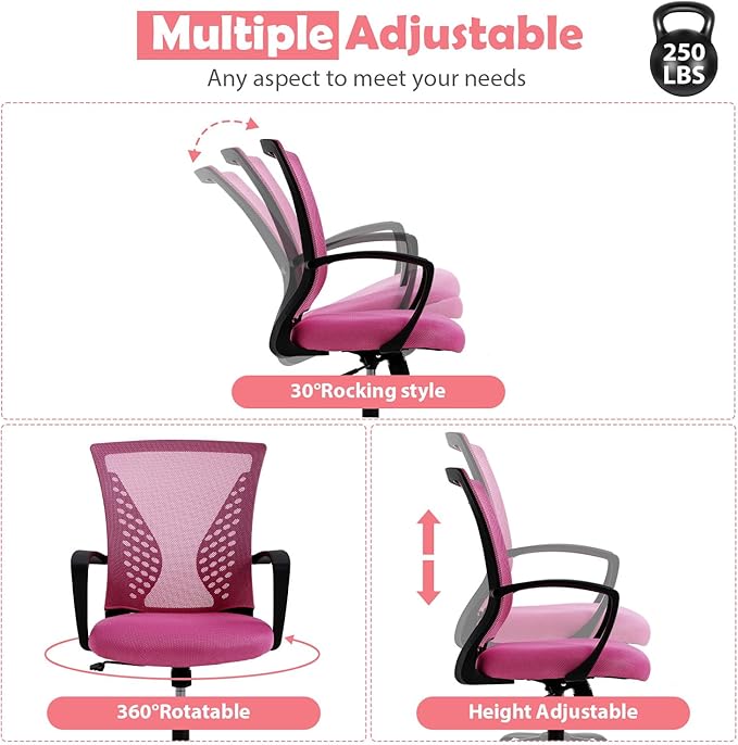 Ergonomic Office Chair - Soft Mesh Computer Chair with Lumbar Support & Adjustable Arms, Modern Mid Back Swivel Chair for Home Office, Comfortable & Stylish for Women (Pink)