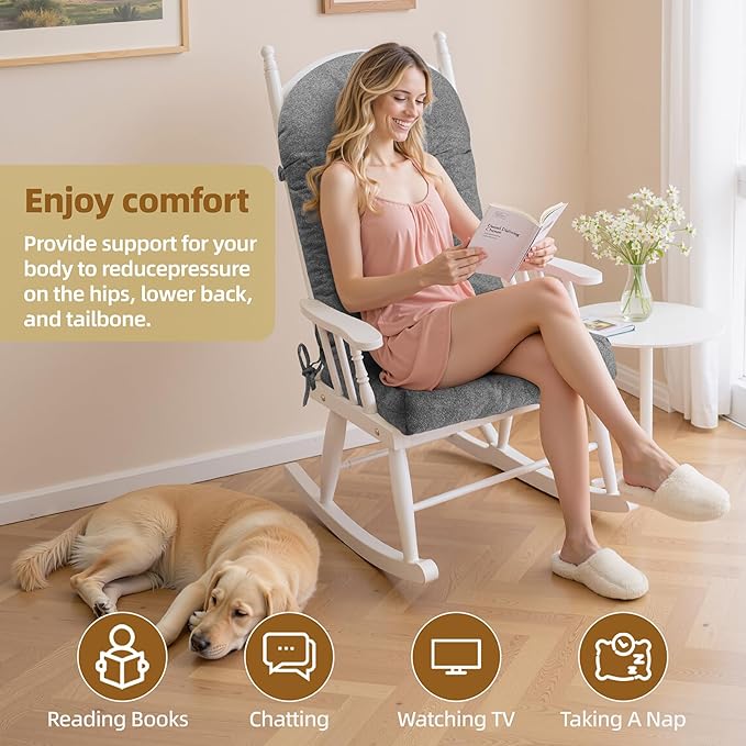 Rocking Chair Cushion - Lola Cotton-Linen Fabric, High-Density Sponge, Durable Comfort Non-Slip Bottom Tufted Seat Pads with Ties, Lola︱Slate Gray, 44x19x4 inch