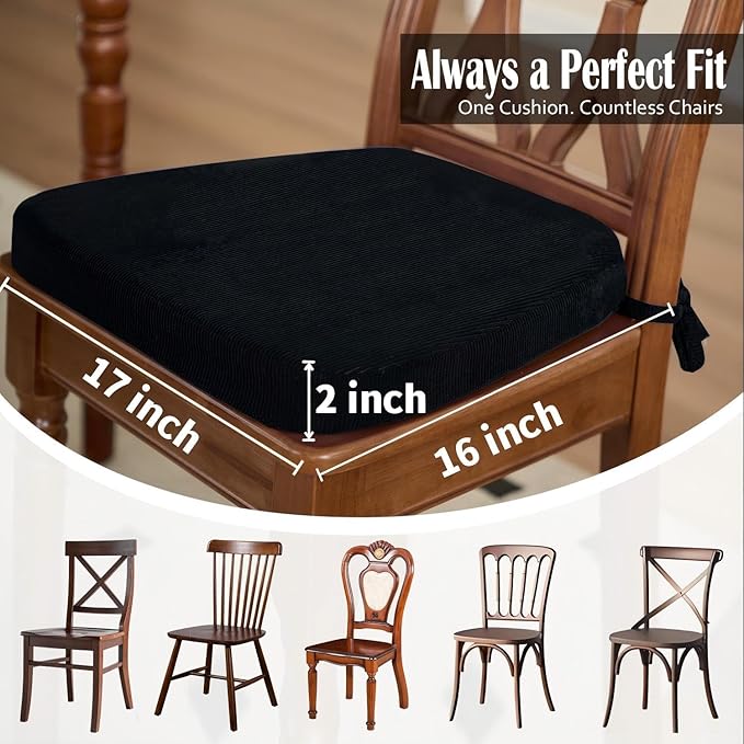 2'' Thick High-Density Foam Indoor Chair Cushions | Dining Chair Pads with Ties, Removable Washable Cover, Kitchen Chair Cushions 17"x16", Black 6 Pack