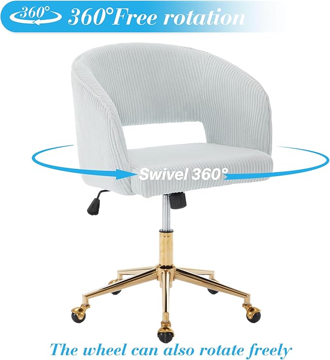 KCC Home Office Chair Swivel Desk Chair Accent Armchair Upholstered Modern Tufted Chairs with Gold Base for Girls Women Ergonomic Study Seat Computer Task Stools, with Wheels, Corduroy,Light Blue