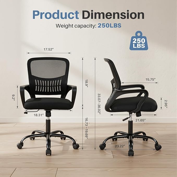 DUMOS Home Office Desk Chair - Ergonomic Mid Back with Lumbar Support & Rocking Mode, Height Adjustable with Fixed Armrest, for Conference, Computer, Meeting Room, 360° Swivel, Adults, Black