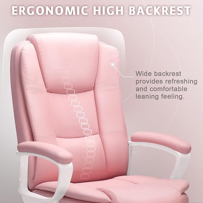 LEMBERI Office Desk Chair, Managerial Executive Chair, High Back Computer Chair, Ergonomic Height Adjustable PU Leather Chairs with Padded Armrest for Long Time Sitting, Pink