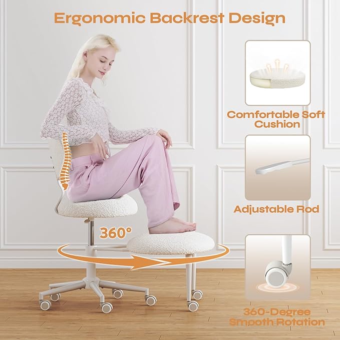 Pinmoco Ergonomic Cross Legged Office Chair with Wheels, ADHD Chair for Adults, Meditation Chair, Yoga Office Chair, Comfortable Back Support, Height Adjustable,Small Spaces, Teddy Fabric, White