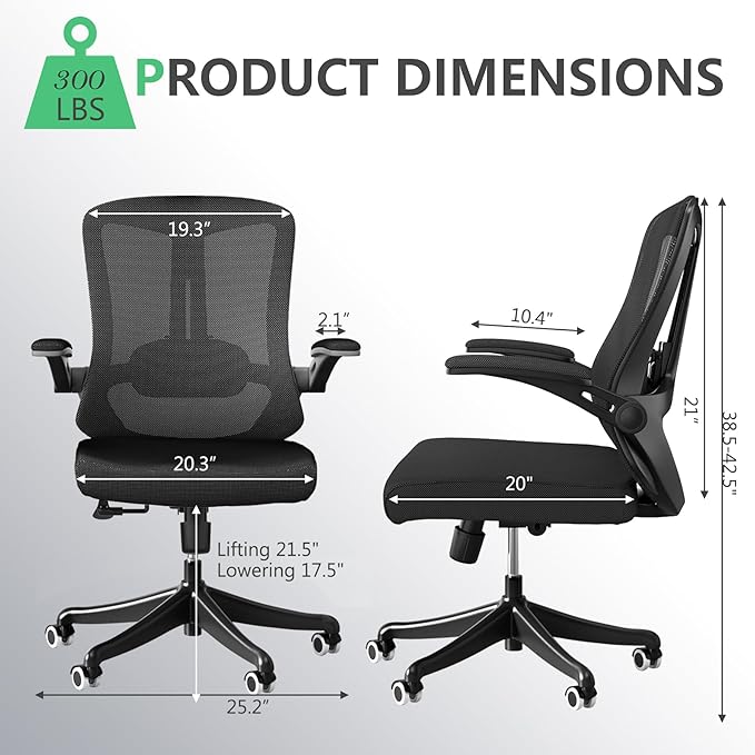 350 LBS Ergonomic Office Computer Mesh Chair - Adjustable Height Rolling Desk Chair with Flip-Up Armrests & High Back Support - Comfortable Swivel Task Chair for Home Office (02BLACK)
