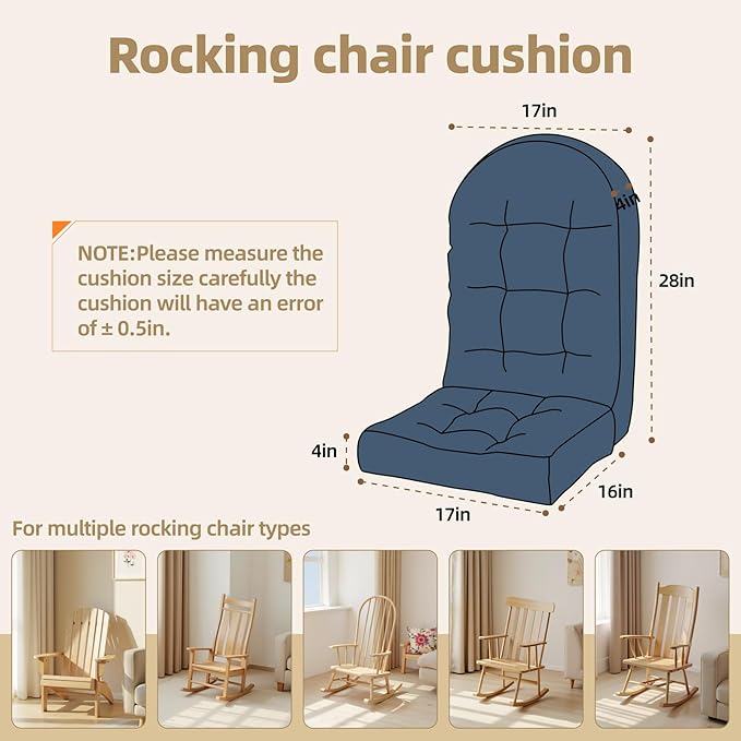 Rocking Chair Cushion - Corduroy Fabric, High-Density Sponge, Durable Comfort Non-Slip Bottom Tufted Seat Pads with Ties, Corduroy︱Dark Blue, 44x19x4 inch
