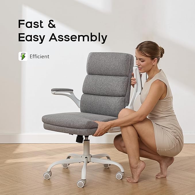 amseatec Office Chair Adjustable Desk Chair Mid Back Executive Comfortable Fabric Ergonomic Back Support Home Computer Chair with Padded Flip-up Armrest Swivel Wheels (Cement Gray)