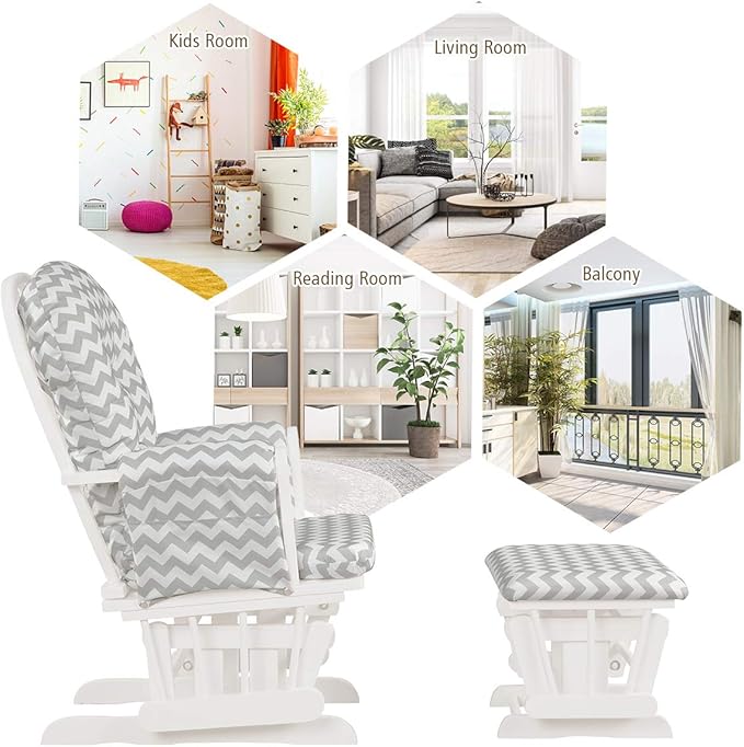 Costzon Nursery Glider with Ottoman, Upholstered Comfort Glider Rocker with Padded Cushion, Storage Pocket, Solid Wood Base, Rocking Chair Nursery for Breastfeeding, Napping (Gray and White)