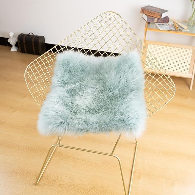 LLB Sheepskin Chair Cushion Non-Slip Back Square Genuine Fur Chair Cover Silky Natural Wool Seat Cushion Pad Soft Area Rugs Carpet for Home Office Restaurant Chair 18x18 Inch (Pack of 1), Milky Mint