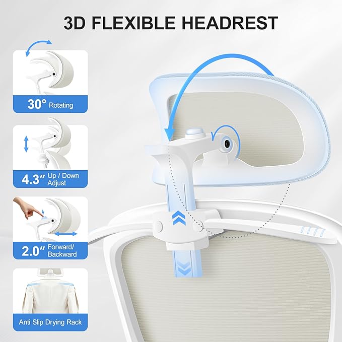 ALLGOD Ergonomic Office Chair, Mesh Desk Chair with Lumbar Support, High Back Home Office Chair with Adjustable Headrest and Flip-Up Arms, Comfortable Computer Chair, Thick Cushion, 300 LBS, White