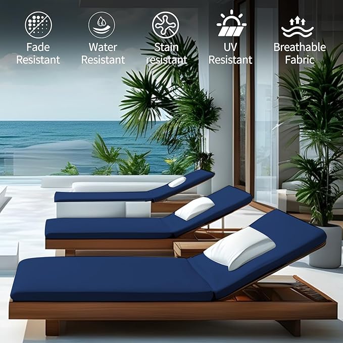 Outdoor Chaise Lounge Cushions for Patio, Lounge Chair Cushions, Waterproof Replacement Seat Pads for Outdoor Furniture (2, Blue, 80"x26"x3")