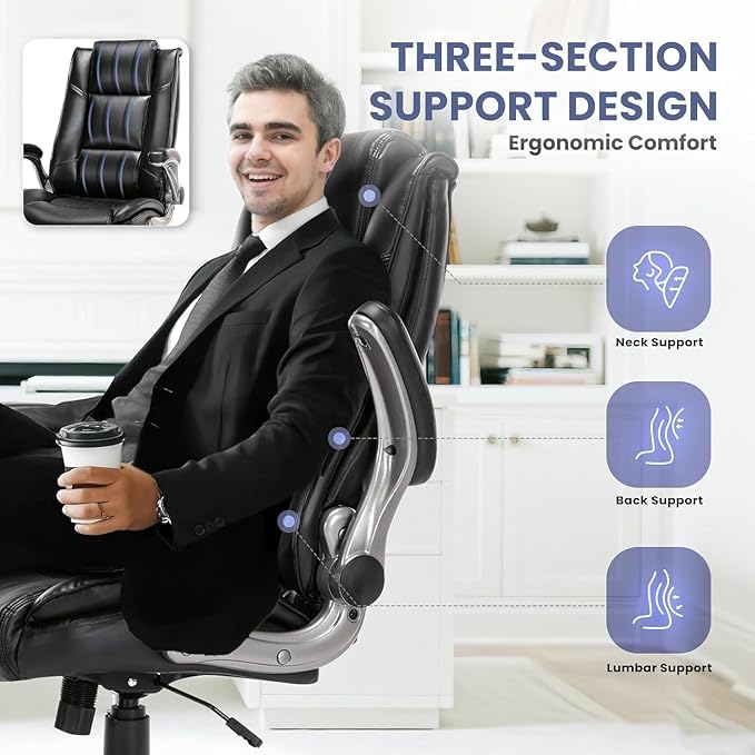 COLAMY Leather Executive Office Chair - High Back Ergonomic Home Computer Desk Chair with Padded Flip-up Arms, Adjustable Tilt Lock, Swivel Rolling Chair for Adult Working Study, Brown