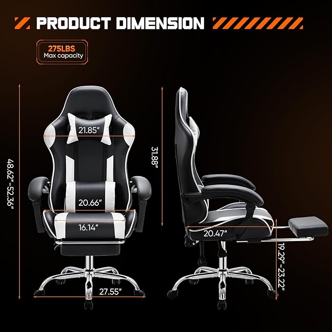 Sweetcrispy Computer Gaming Chair - Ergonomic High Back PU Leather Video Racing Chair with Adjustable Headrest & Footrest, Linkage Armrest, for Office and Home, White
