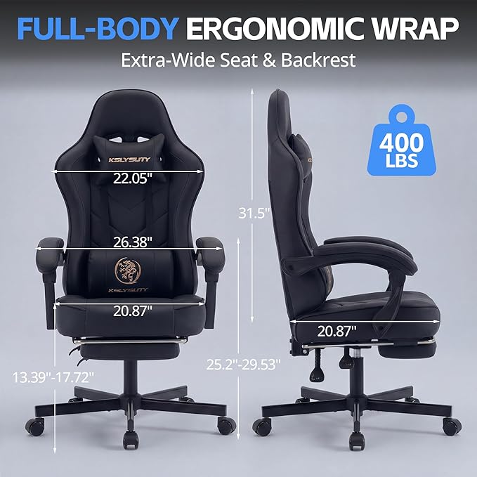 Desk Computer Gaming Chair - High Back Ergonomic Office Chair with Footrest and Lumbar Support, Swivel Comfy Home Gamer Video Game Chairs with Pocket Spring Cushion for Adults (Black Leather)
