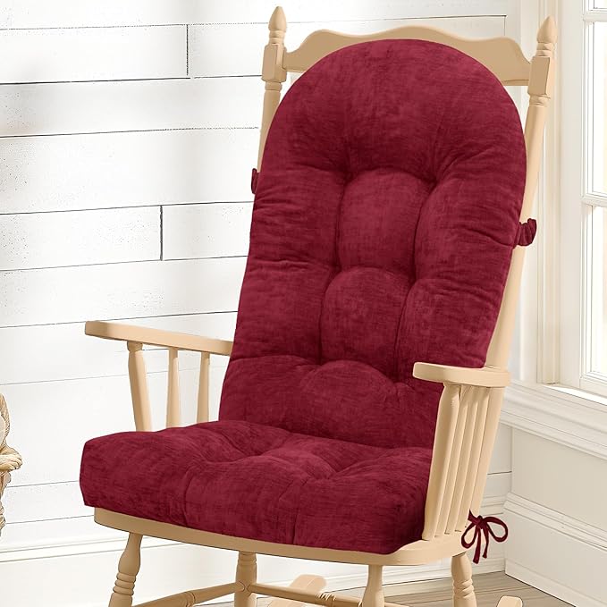 Rocking Chair Cushion - Chenille Fabric, High-Density Sponge, Durable Comfort Double-Sided Tufted Seat Pads with Ties, Chenille︱Deep Red, 44x19x4 inch