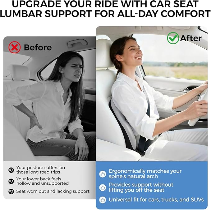BEBAS Ergonomic Lumbar Support Pillow for Car, Memory Foam Back Support for Driving, Lower Back Pillow for Pain Relief, Comfort Lumbar Cushion for Office Chairs, Car Seat, Wheelchair -Gray