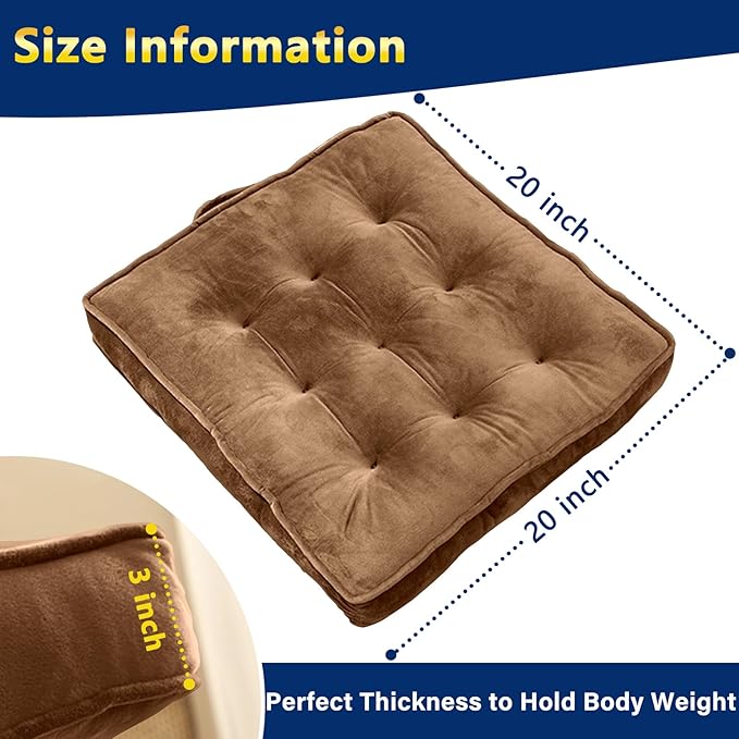 1 MIDDLE ONE Floor Pillow Set of 2, Memory Foam Meditation Cushion, Floor Cushions for Adults Sitting, Large Square Seat Cushions for Yoga, Couch, Sofa, Kids, Living Room, 20x20 Inch (Brown)