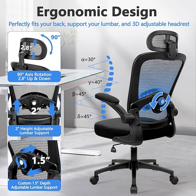 KLASIKA Desk Chairs with Wheels, Ergonomic Mesh Back Home Office Chair with Headrest, Adjustable Lumbar Support Swivel Rolling Computer Chairs Flip Up Arms for Conference Meeting Room, Black, 10PK
