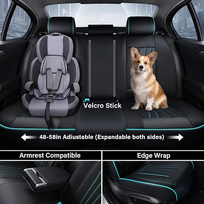 Coverado Car Seat Covers Full Set, 5 Piece Car Seat Protector with Lumbar Support & Removable Headrest, Breathable Leather Front Rear Seat Cushion Universal Fit for Truck Automotive Black & Blue