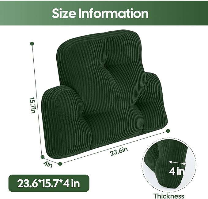 Lumbar Support Pillow for Recliner Chair/Couch/Car, Large Back Support Pillow for Office Chair for Elderly, Tufted Corduroy Back Cushion, Ideal for Pain Relief, Reading&Gaming, Green