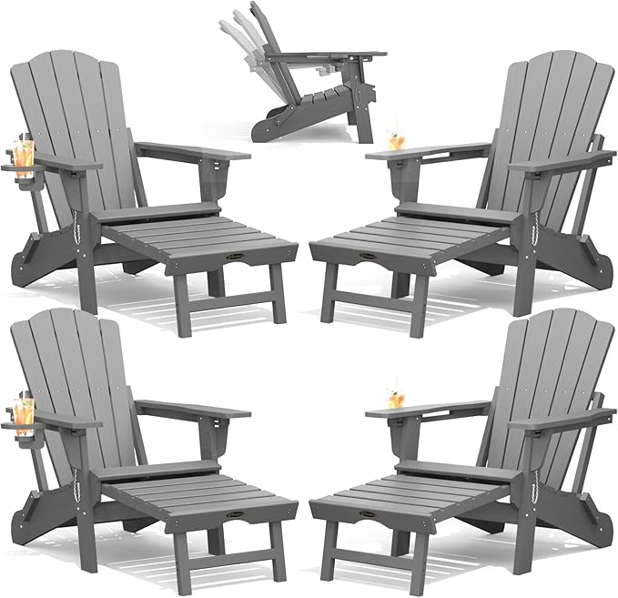 THOEOE Adjustable Adirondack Chair with Retractable Ottoman, HDEP Folding Adirondack Chairs with Footrest 2-in-1 Cup Holder, All Weather Outoor Fire Pit Chair with Foot Rest Set 4 Grey