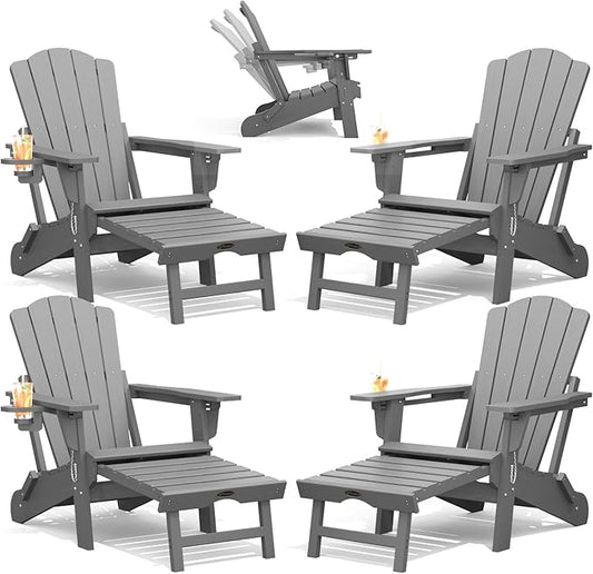 THOEOE Adjustable Adirondack Chair with Retractable Ottoman, HDEP Folding Adirondack Chairs with Footrest 2-in-1 Cup Holder, All Weather Outoor Fire Pit Chair with Foot Rest Set 4 Grey