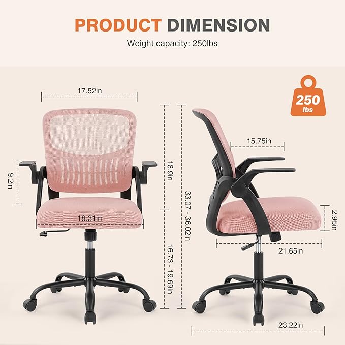 Sweetcrispy Home Office Managerial Executive Chair, Flip Up Armrest Ergonomic Mesh Adjustable Swivel Mid-Back Computer Desk Chair with Comfortable Lumbar Support, Comfy Arms for Bedroom,Blak&Pink