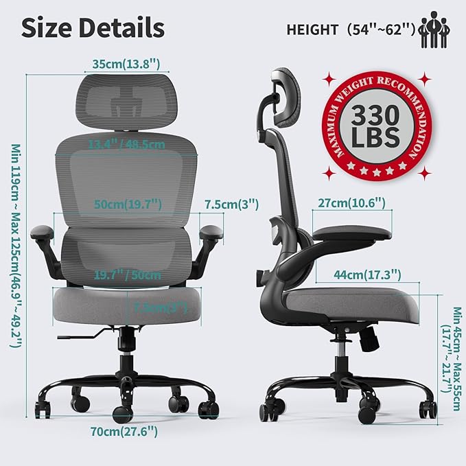 TRALT Office Chair Ergonomic Desk Chair, 330 LBS Home Mesh Office Desk Chairs with Wheels, Comfortable Gaming Chairs (Dark Grey)