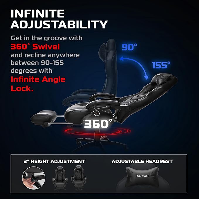 RESPAWN 110 Pro Ergonomic Gaming Chair with Footrest for Adults - Comfortable Office Gaming Recliner with Lumbar Support and Headrest, Racing Style Video Game Chairs for Computer Gamer - Black