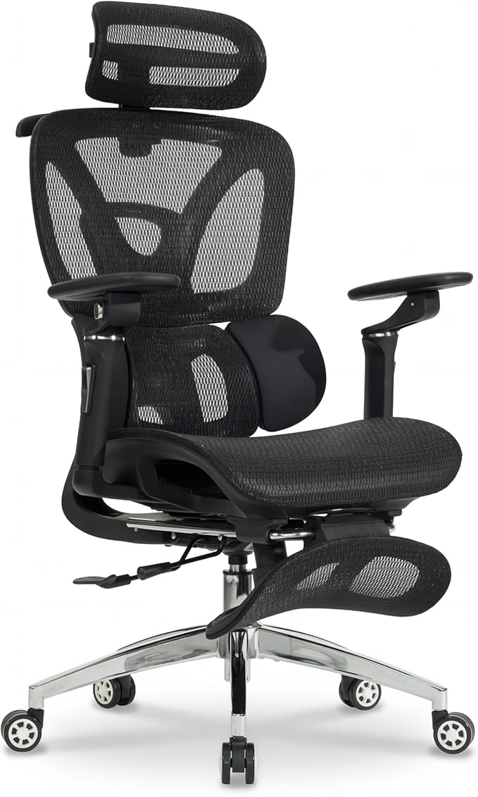 Ergonomic Mesh Office & Gaming Chair with Footrest, High Back Home Office Desk Chair, Comfortable 3D Lumbar Support, 130° Tilt, Adjustable Seat Depth, Adjustable 6D Armrest & 3D Headrest(Black Pro)
