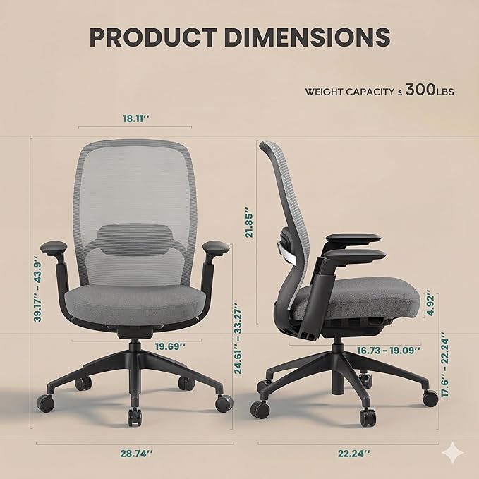 COLAMY Office Chair Set of 2, Easy Wire-Control Desk Chair with Sliding Seat Depth & Thick Padded Lumbar Support, Heavy Duty 300 LBS High Back Mesh Computer Chair for Home Workstation,Grey