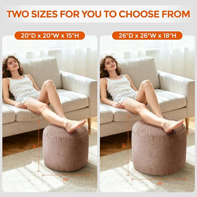 26" x 26" x 18" Pouf Ottoman Foot Rest, Pre-Stuffed Round Foot Stool with Odorless Shredded Memory Foam, Furry & Fluffy Corduroy Footrest for Living Room, Brown