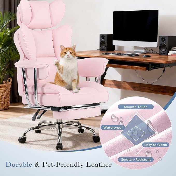 DUMOS Big and Tall Office Chair 350 LBS, Scratch-Resistant PU Leather Executive Office Desk Chair with Footrest, Ergonomic Reclining Computer Chair with Pocket Spring Support for Home Office, Pink