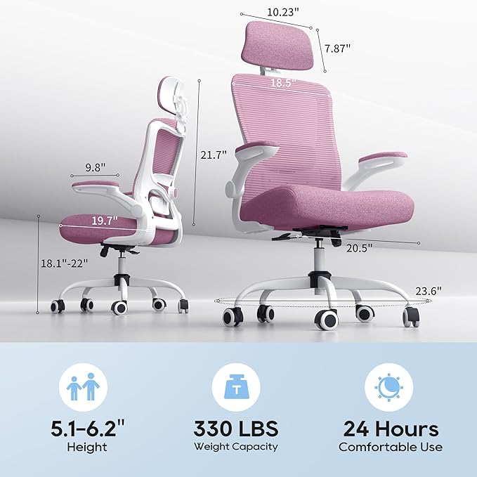 Office Chair, Ergonomic Mesh Desk Chair with Adjustable Lumbar Support and Headrest, Flip-up Armrests, High Back Computer Task Chair for Home and Executive Office (W-All Purple)