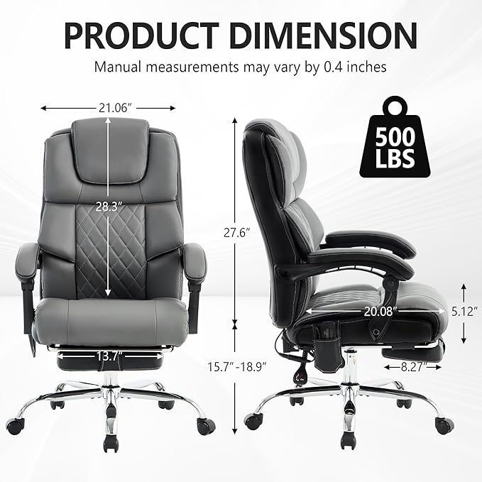 Massage Office Chair with Heat & Footrest,Heated Comfy Reclining Desk Chair with Vibration,Executive Big and Tall Chairs for Heavy People,Adjustable Height Black Grey