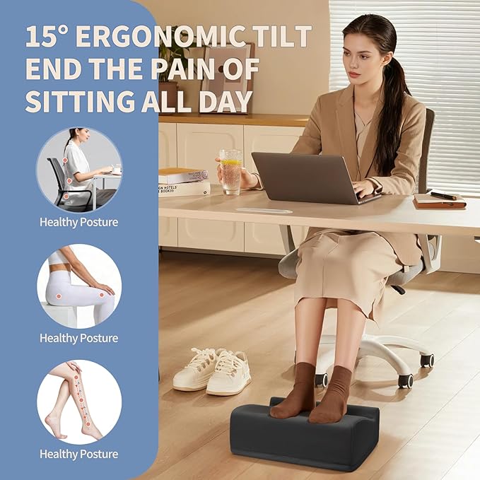 Ergonomic Foot Rest for Under Desk at Work – 15° Tilt Angle Under Desk Footrest with High-Resilience Foam, Velvet Top & Non-Slip Base, Comfortable Foot Stool for Office Chair and Home, Black