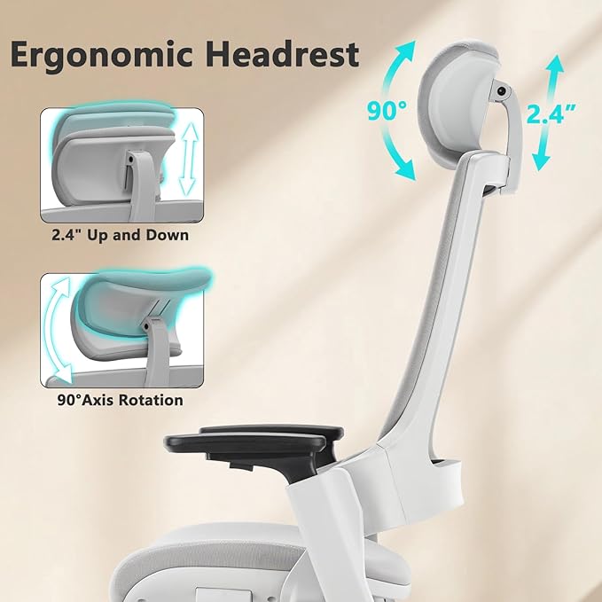 CLATINA Ergonomic High Swivel Executive Chair with Adjustable Height Head 3D Arm Rest Lumbar Support and Upholstered Back for Home Office Gray Mesh/High Back