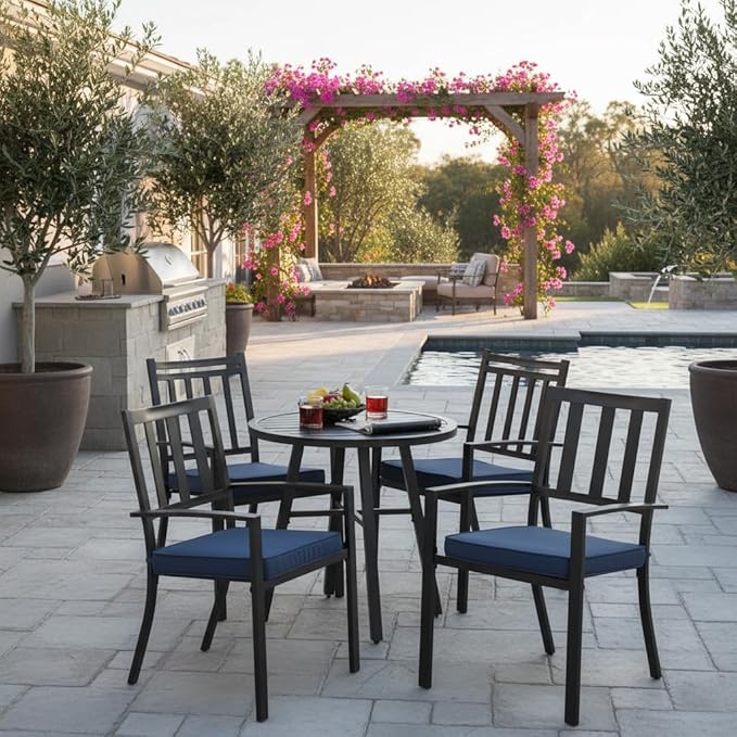 Outdoor 18 inch Square Patio Dining Chair Pads – Comfortable Fiber-Filled Seat Cushions with Ties, Reversible Polyester Fabric - Navy, Set of 4