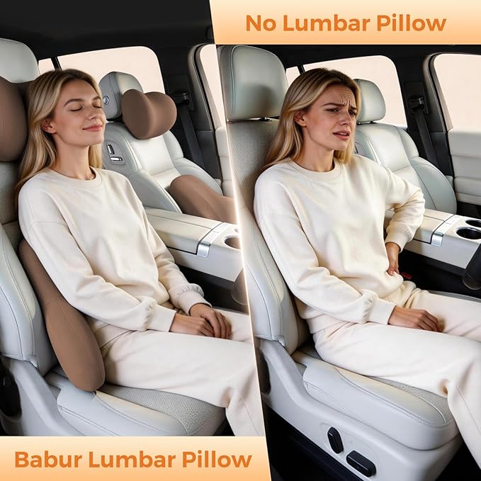 BABUR Lumbar Support Pillow for Car, Ergonomic Memory Foam Support Pillow for Lower Back Pain Relief, Washable Cover, Lumbar Cushion for Driving Seat, Fits Most Cars | Brown