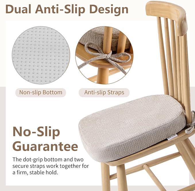 D-Shaped Chair Cushions for Dining Chairs, 2.5” Thick Chair Pads with Washable Comfortable Textured Cover, Non Slip Kitchen Chair Cushions with Ties, 16.5" x 16.5", 6 Pack, Beige