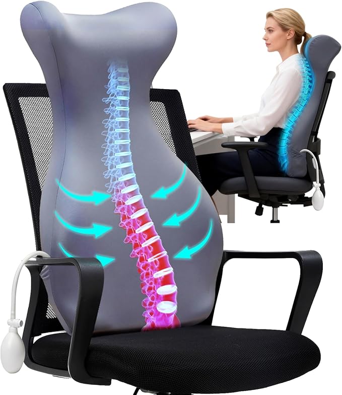 27.7'' Adjustable Inflatable High Lumbar Support Pillow for Office Chair, Full Back Support Pillow for Lower Back Pain Relief, Memory Foam Lumbar Cushion for Gaming Chair, Sofa, Improves Posture
