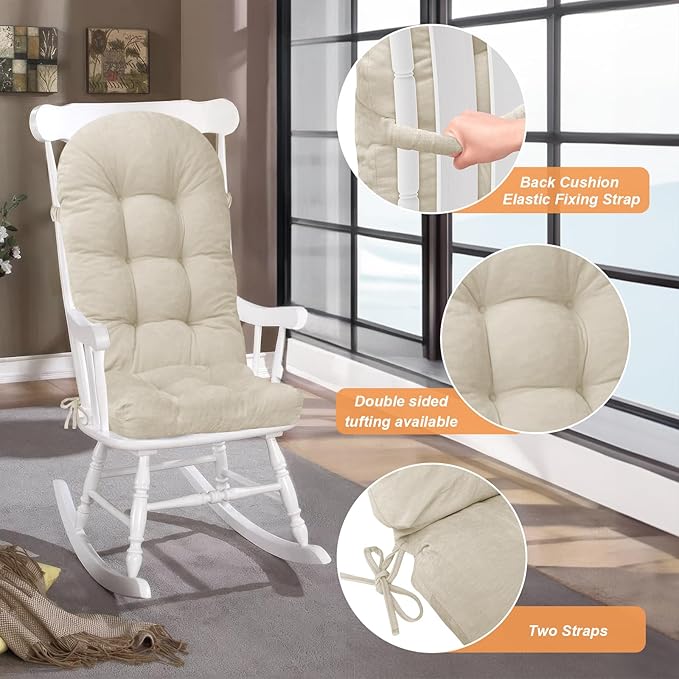 Rocking Chair Cushion - Chenille Fabric, High-Density Sponge, Durable Comfort Double-Sided Tufted Seat Pads with Ties, Chenille︱Oyster White, 44x19x4 inch