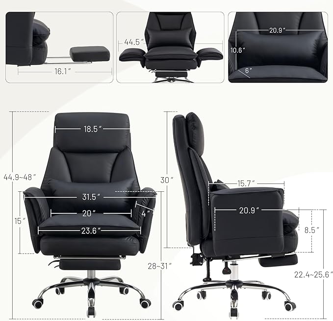 Furniliving Big and Tall Office Chair, Ergonomic Computer Desk Chair with Footrest, Wide Seat Reclining Gaming Chair, Flip Armrests for Cross Legged Sitting, Heavy Duty Support up to 400LBS, PU, Black