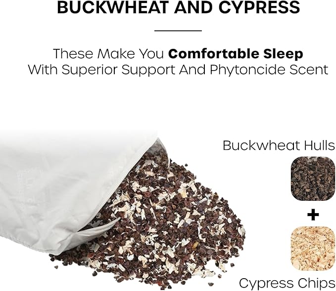 12-inch Korean Buckwheat Cervical Neck Roll — Compact Cypress-Filled Bolster Pillow for Targeted Neck Support (BTS Jungkook's Pick) — Adjustable Firmness, Organic Cotton Cover