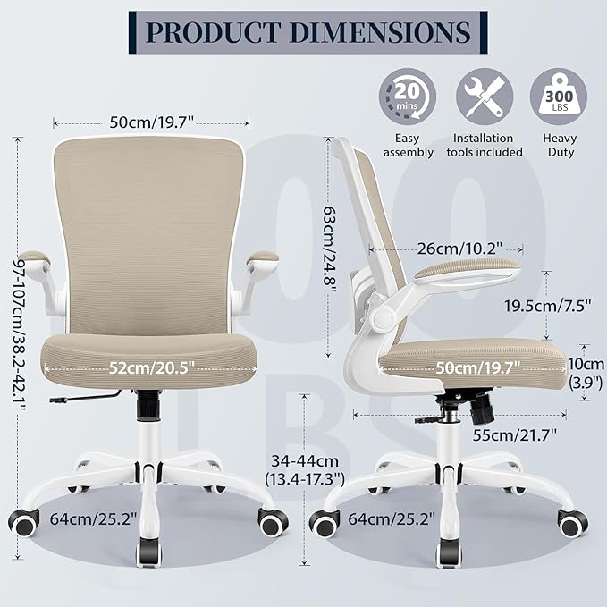 Ergonomic Office Chair 2026 - Mesh Desk Chair with Flip-up Armrests, Adjustable Height and Lumbar, 360° Swivel Comfortable Computer Chairs for Home, Conference Room, Reception, Kahki