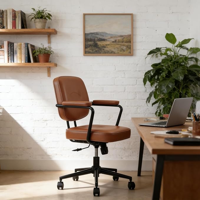 Ergonomic Office Chair, PU Leather Executive Desk Chair with Fixed Armrests, Adjustable Height, Rocking Function, 360° Swivel Rolling Wheels （Brown）