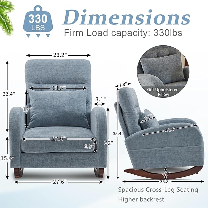 VINGLI Chenille Low Seat Nursery Rocking Chair,Upholstered Comfy Rocker Glider Chair with Side Pockets, Accent Arm Chair with High Backrest,Solid Wood Base for Living Room Bedroom Balcony,Blue